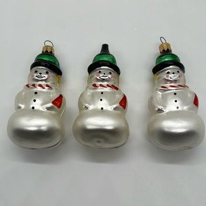 Vintage Set of 3 White Handblown Glass Snowmen Christmas Ornaments